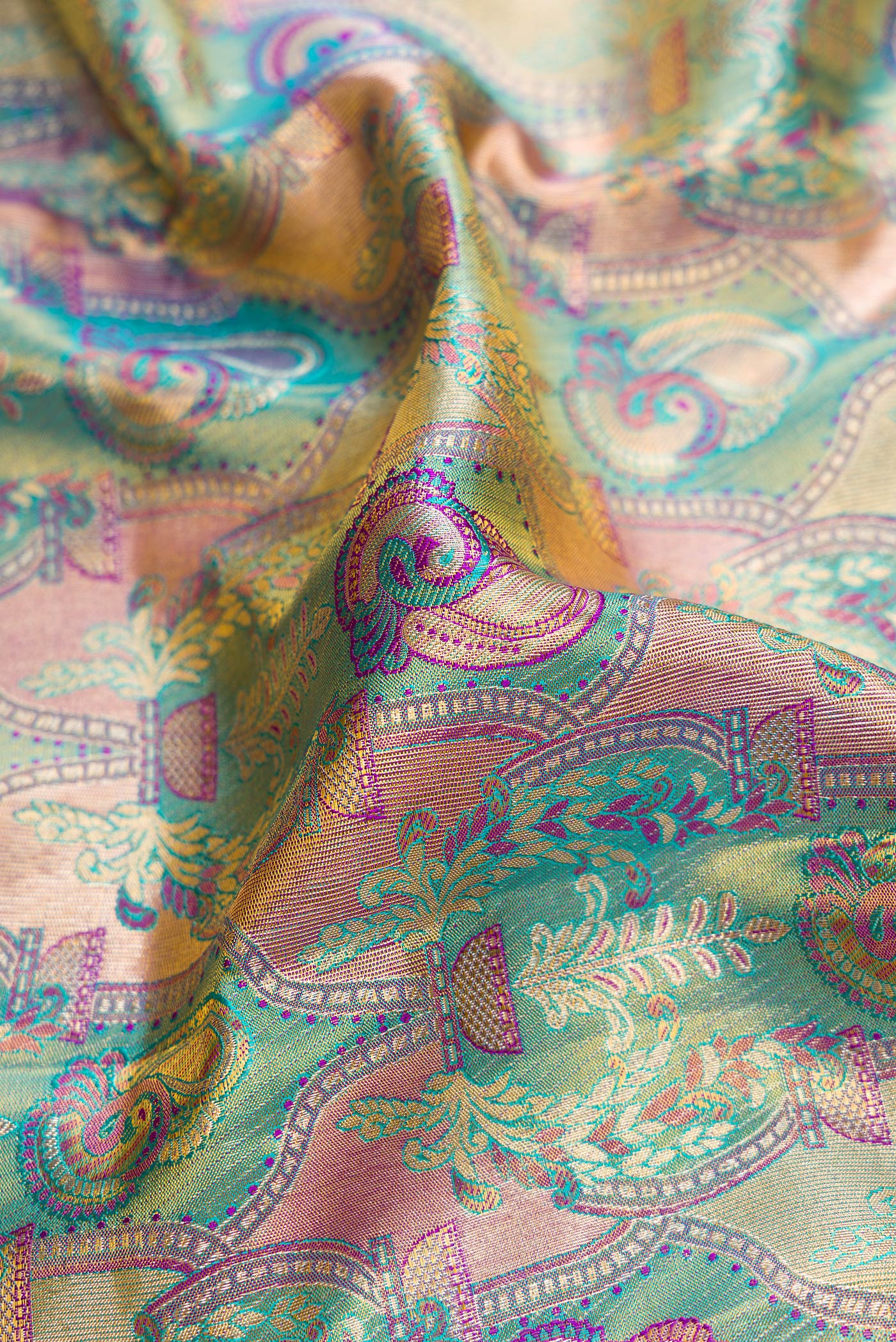 Turquoise with Gold Color Kanjivaram Tissue Silk Saree - Image 2