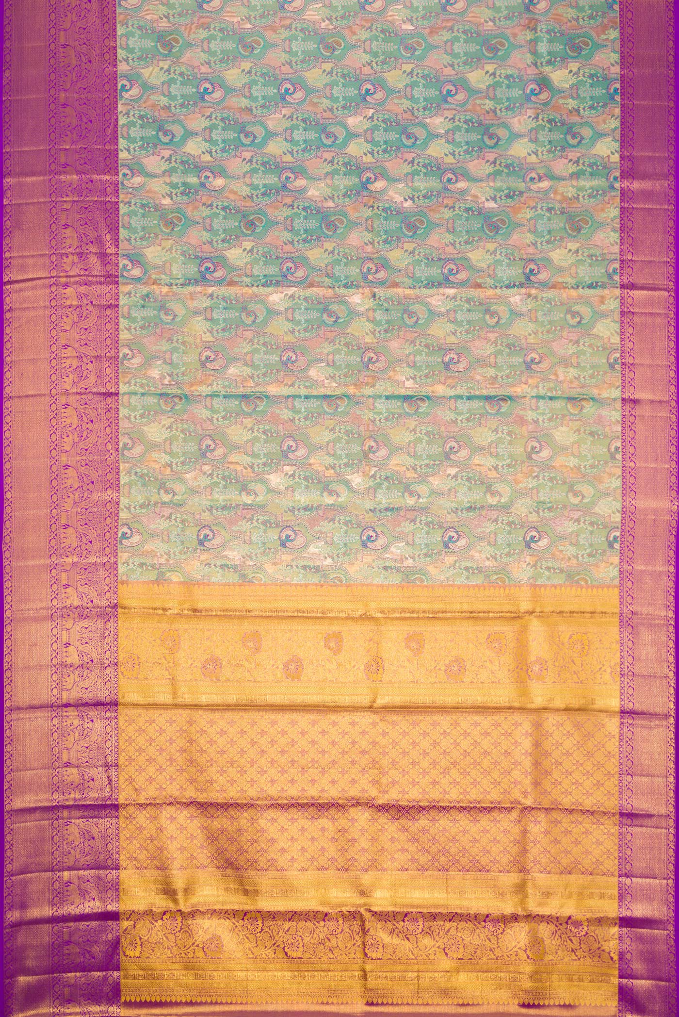 Turquoise with Gold Color Kanjivaram Tissue Silk Saree - Image 6