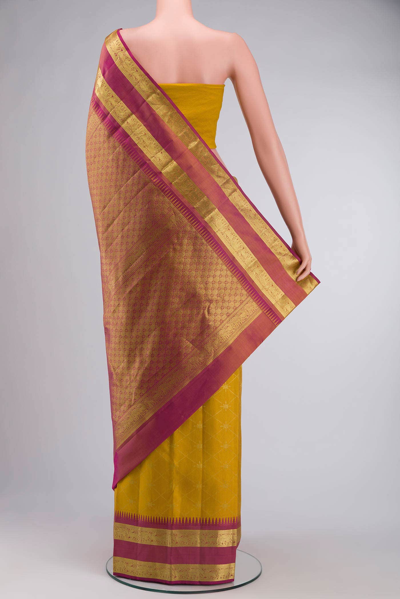 Vaidehi-Mustard Yellow Kanchipuram Silk Saree - Image 7
