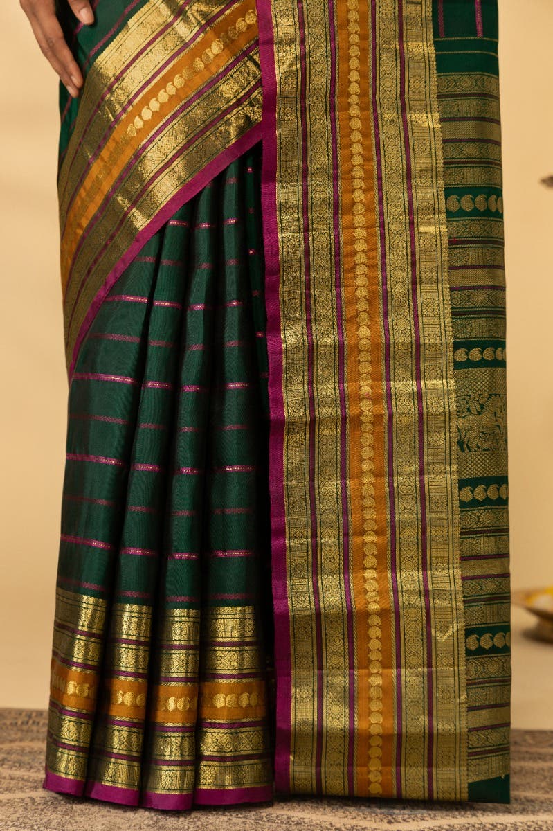 Velari-Bottle Green Kanchipuram Silk Saree - Image 4