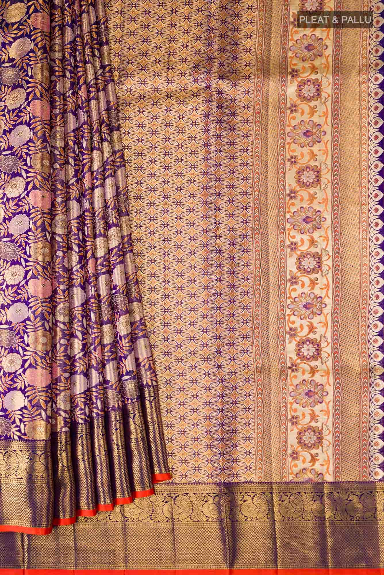 Pure Silk Pure Zari Violet Kanjivaram Tissue Saree - Image 2