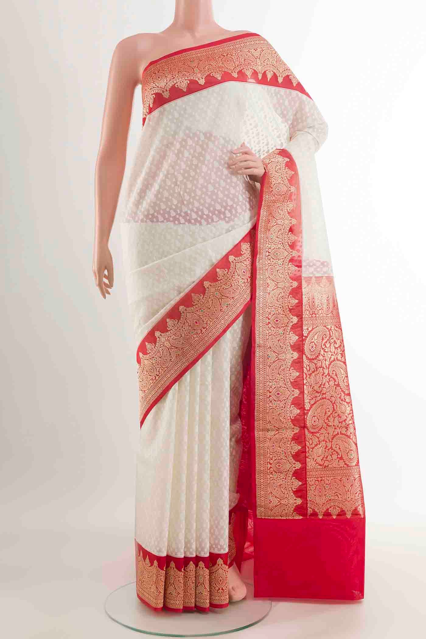 White Banarasi Kora Cotton Saree