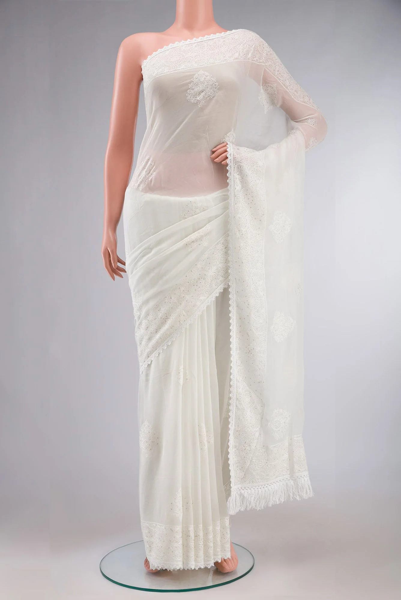 White Blended Chiffon Saree