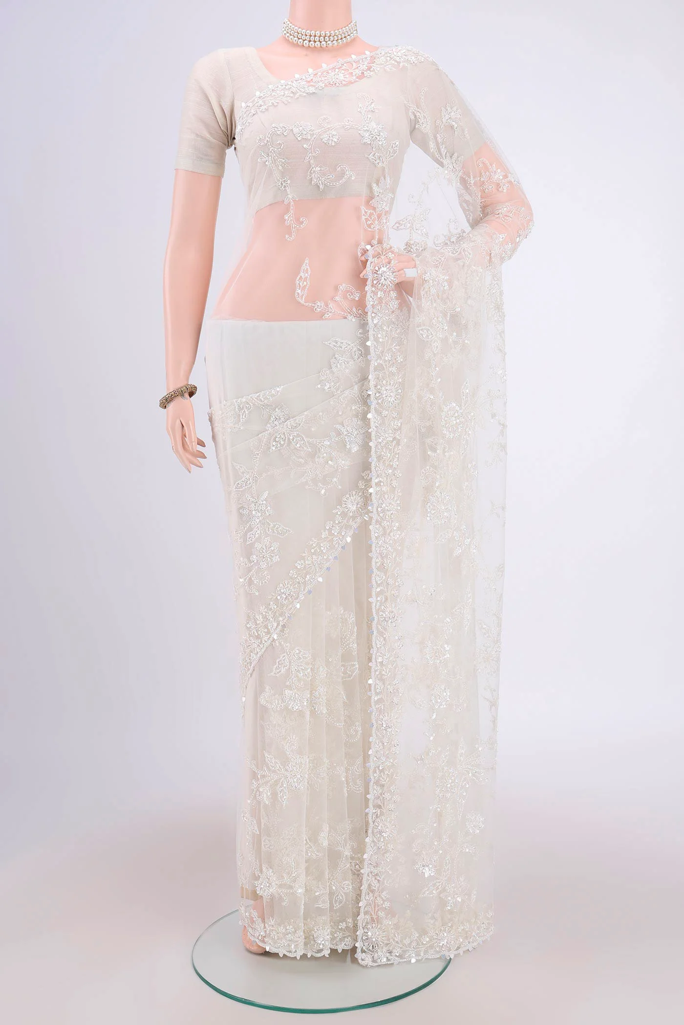 White Embroidery Net Saree