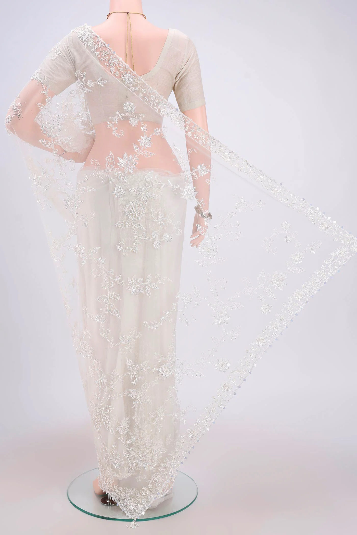 White Embroidery Net Saree - Image 3