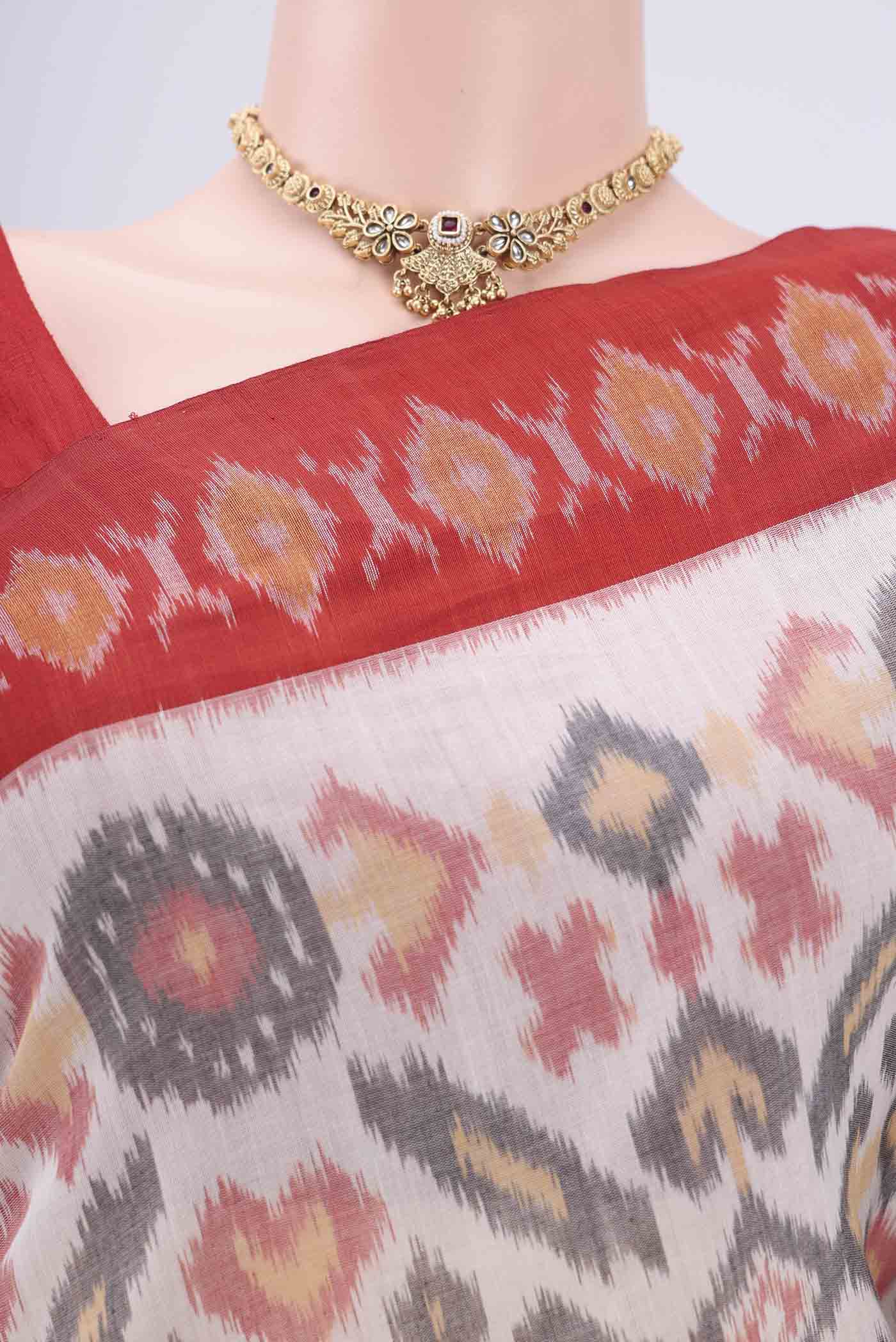 White Pochampally Cotton Saree - Image 2