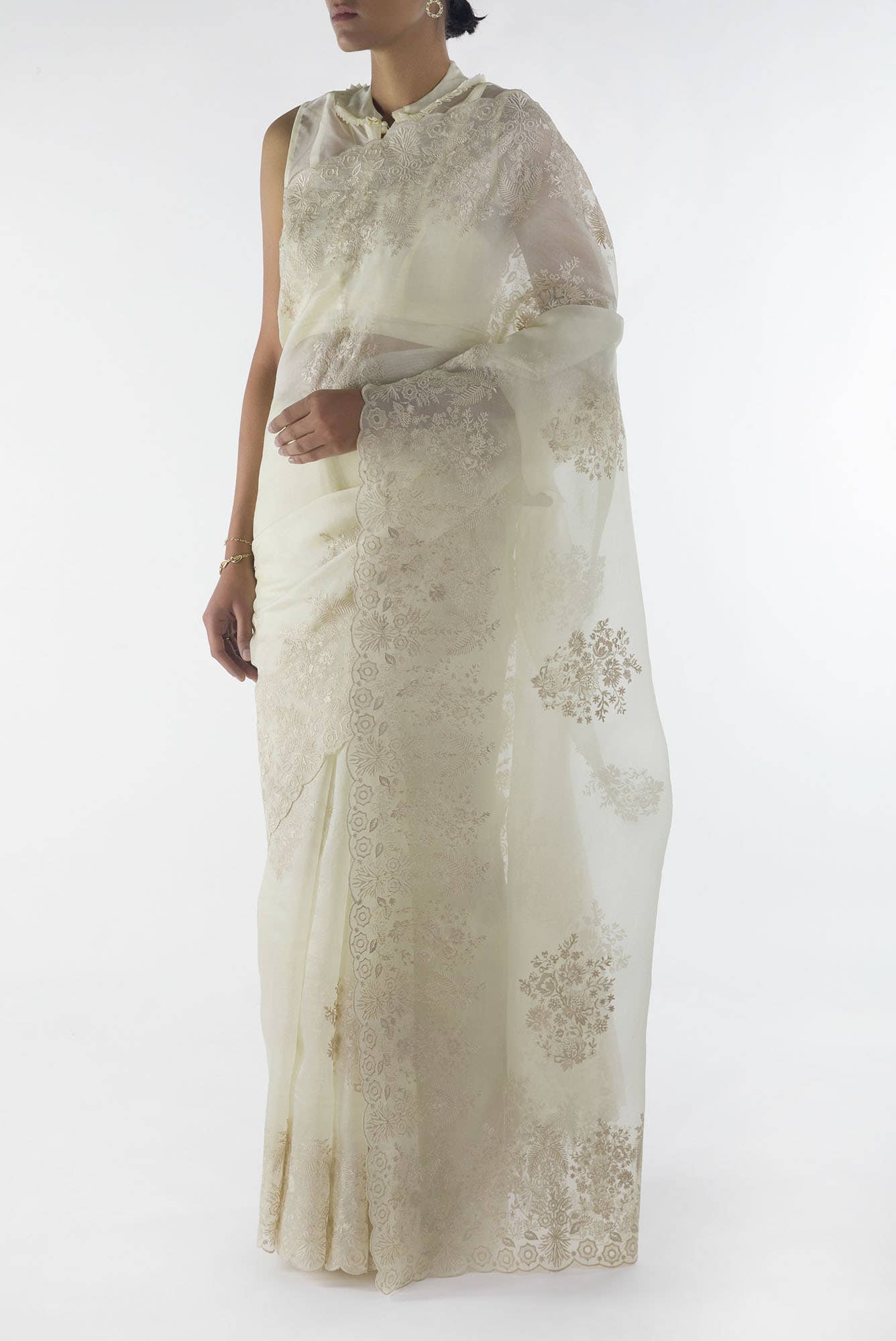 Minerva White floral design saree from Embroidered Romance Collection by Nalli - Image 4