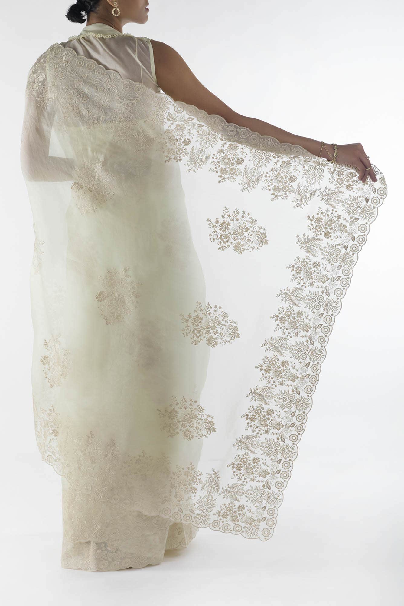 Minerva White floral design saree from Embroidered Romance Collection by Nalli - Image 5