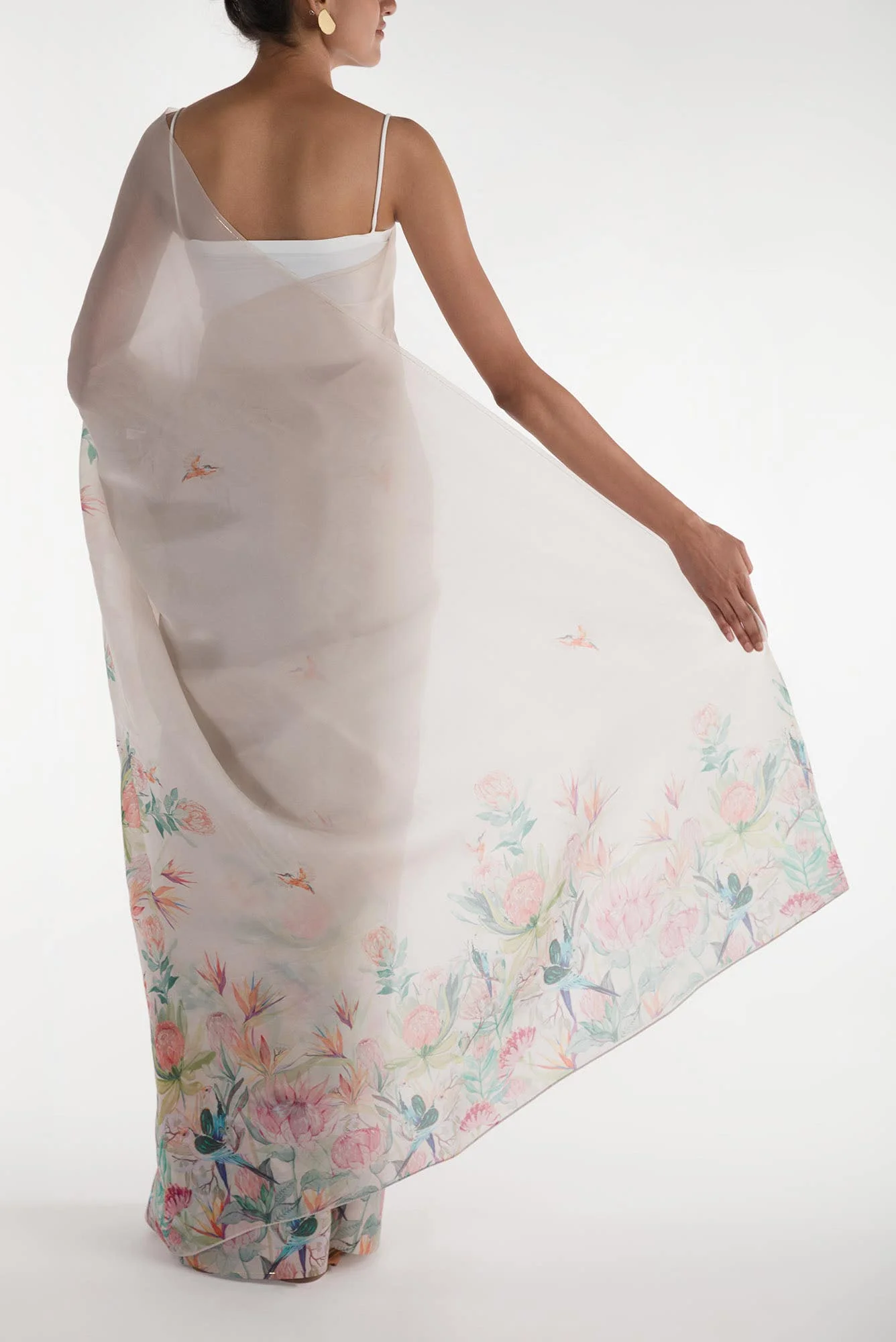 Lovers on the Branch White Satin Organza Saree - Image 3