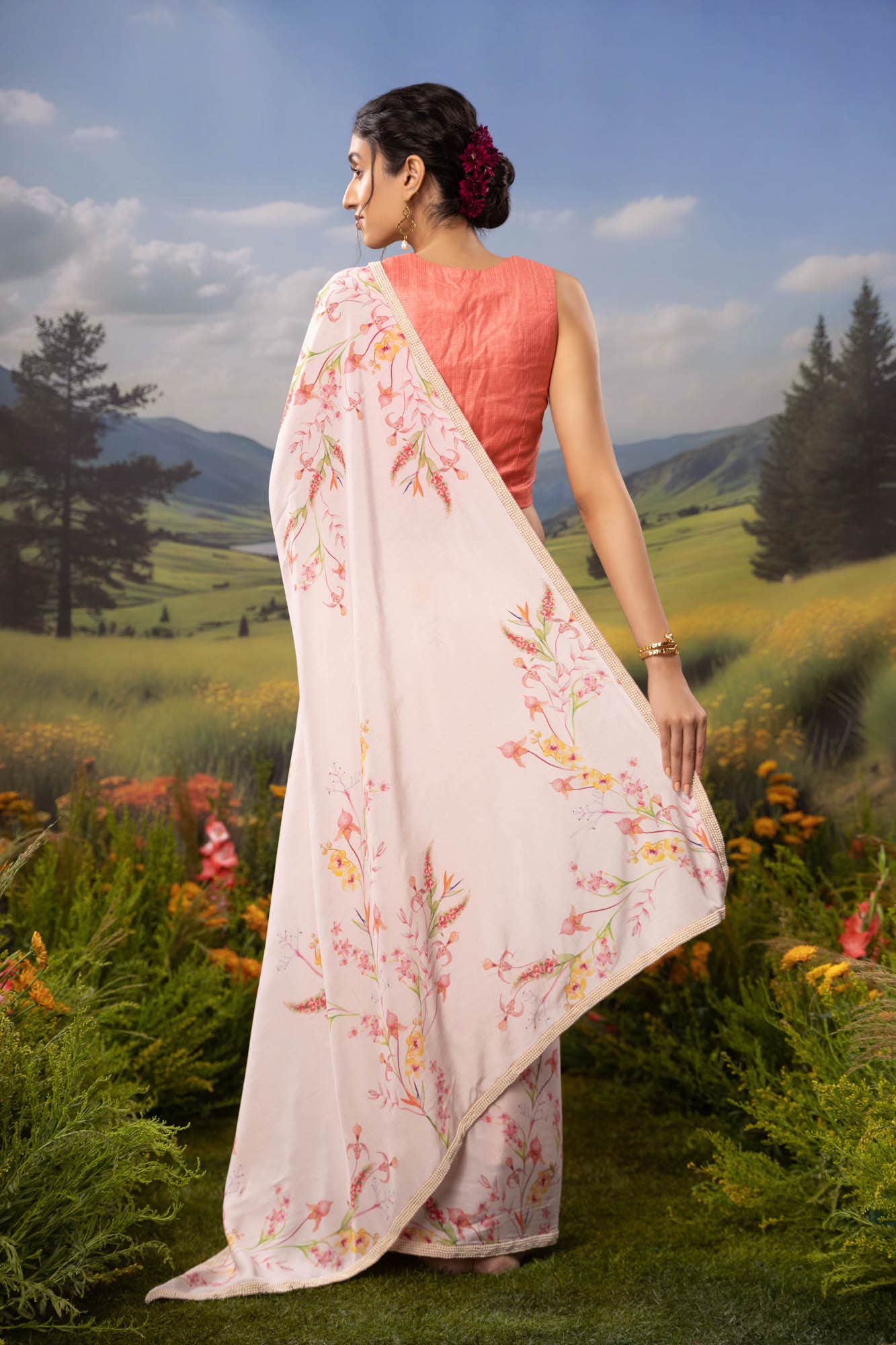 Wild Orchids-Off White Crepe Saree - Image 5