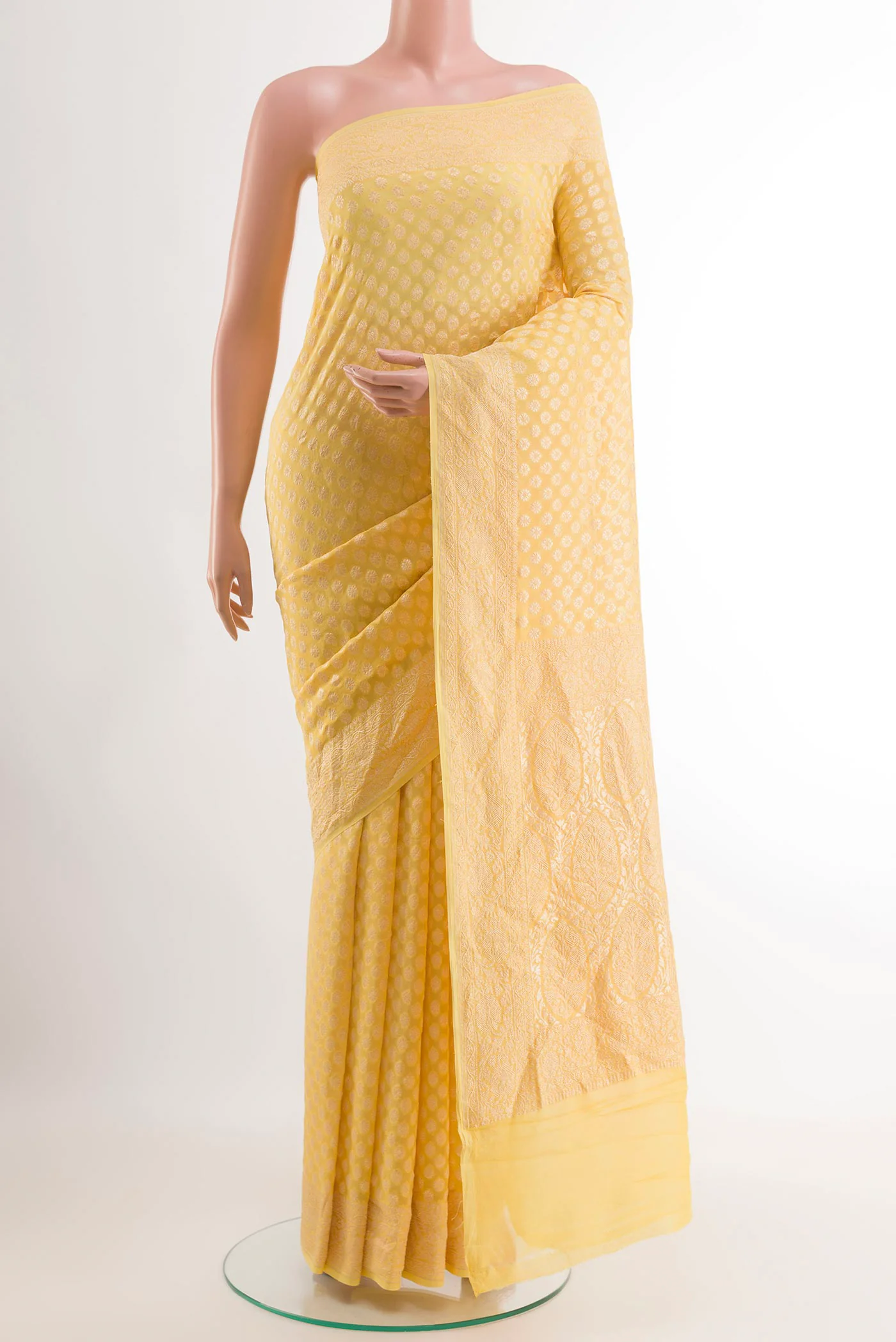 Lemon Yellow Banarasi Georgette Saree