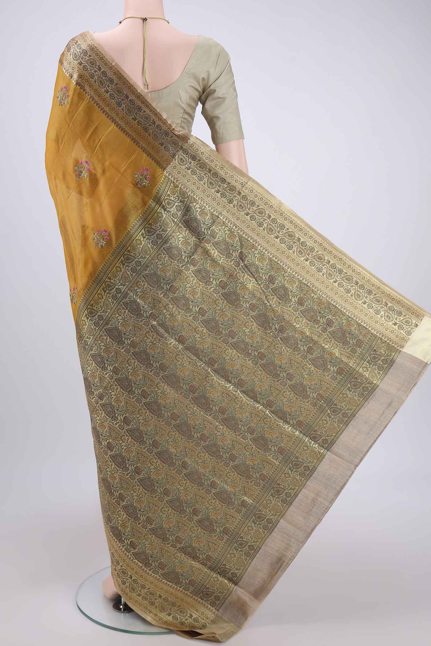 Mustard Banarasi Tussar Silk Saree - Image 3