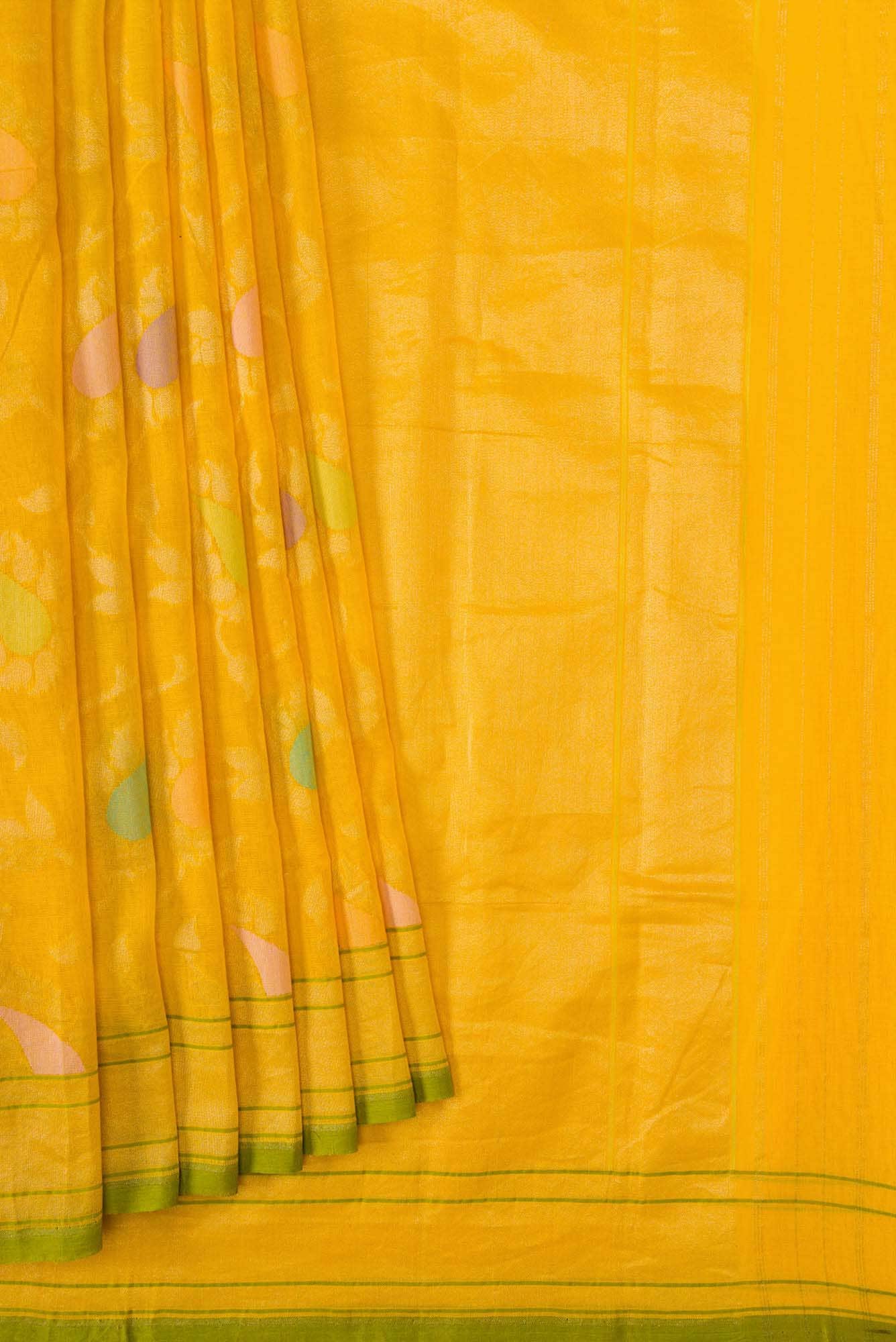 Pure Silk Pure Zari Yellow Dual Tone Banarasi Cotton Saree - Image 2