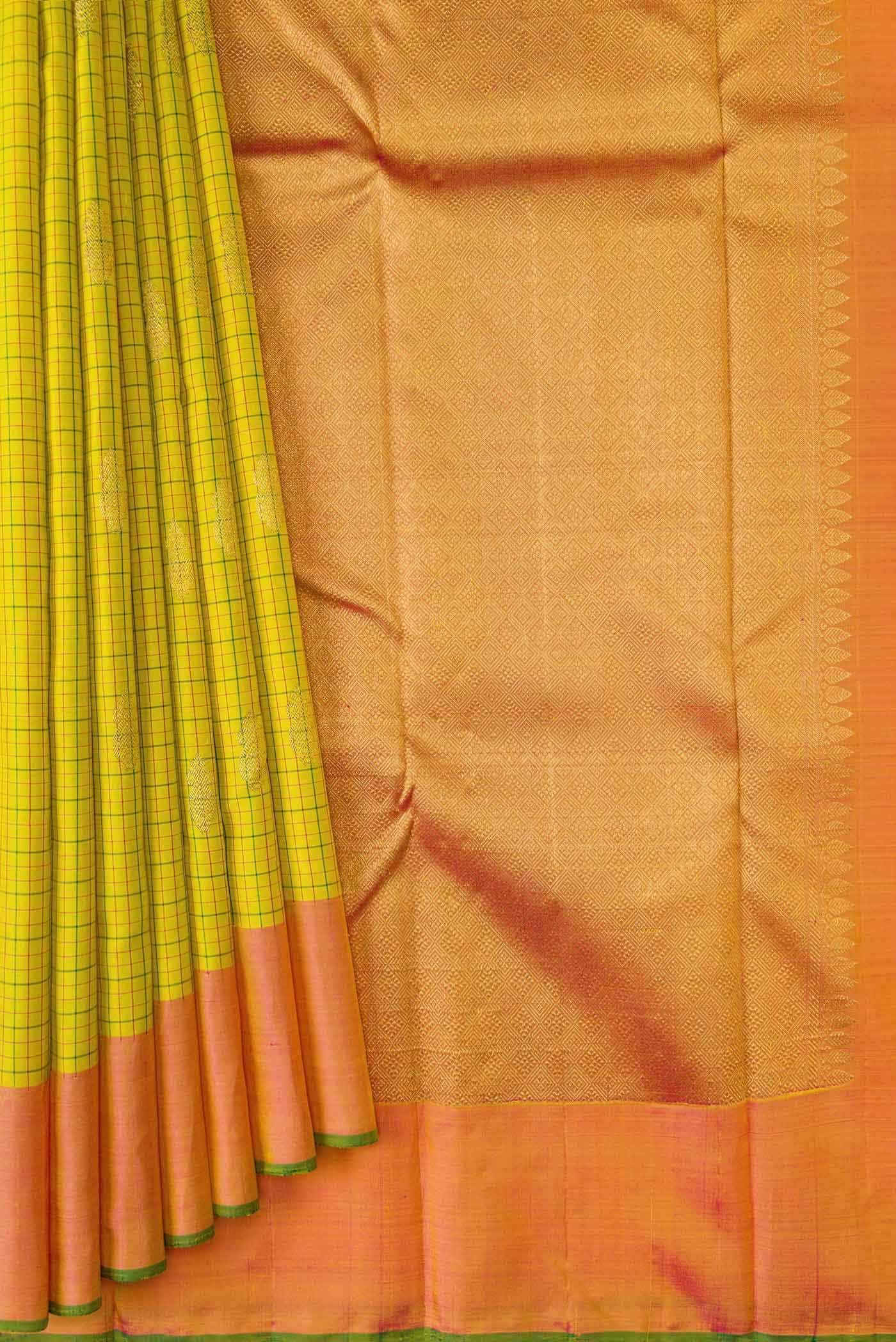 Pure Silk Pure Zari Yellow Dual Tone Kanjivaram Saree - Image 2