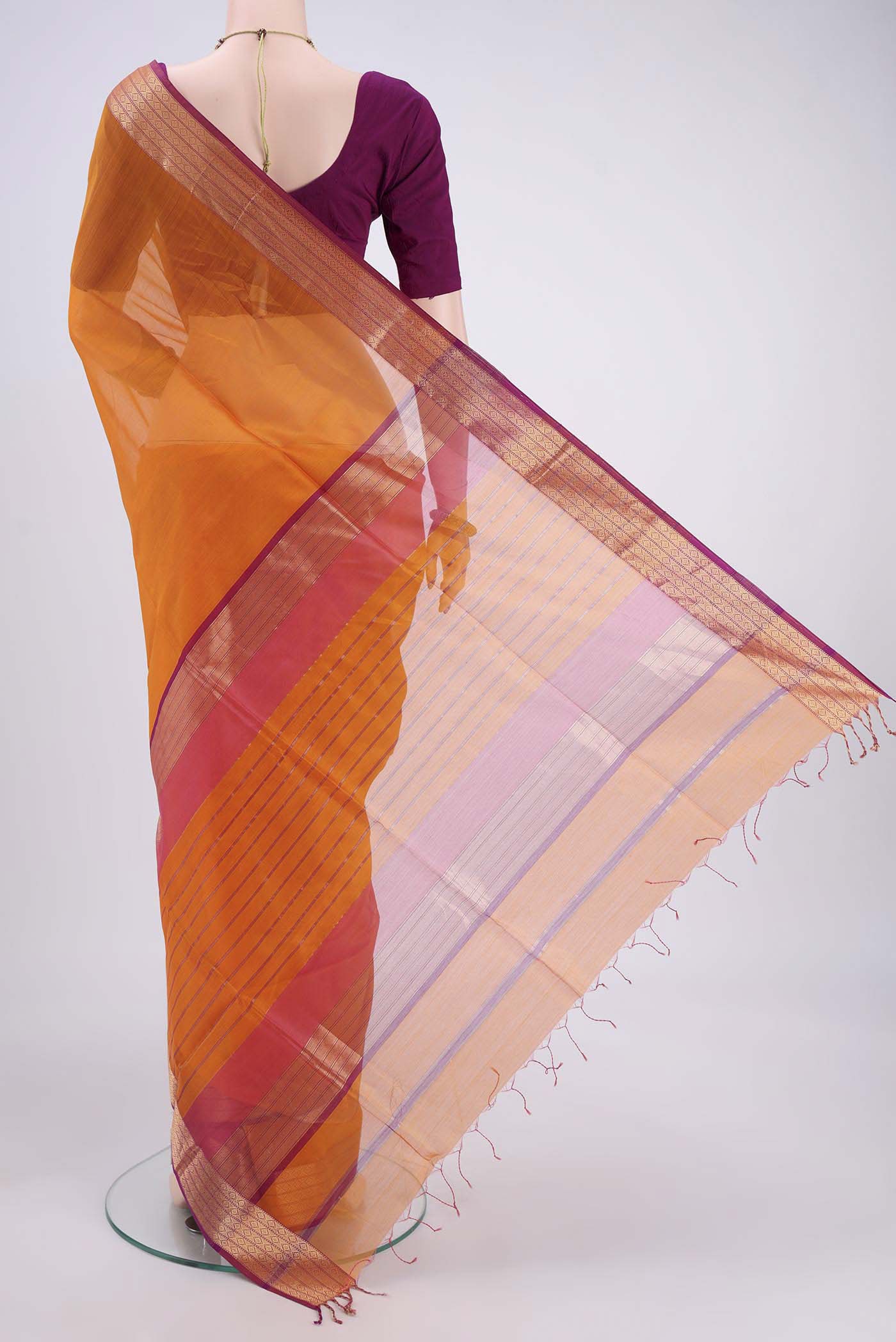 Orange Maheshwari Silk Cotton Saree - Image 3