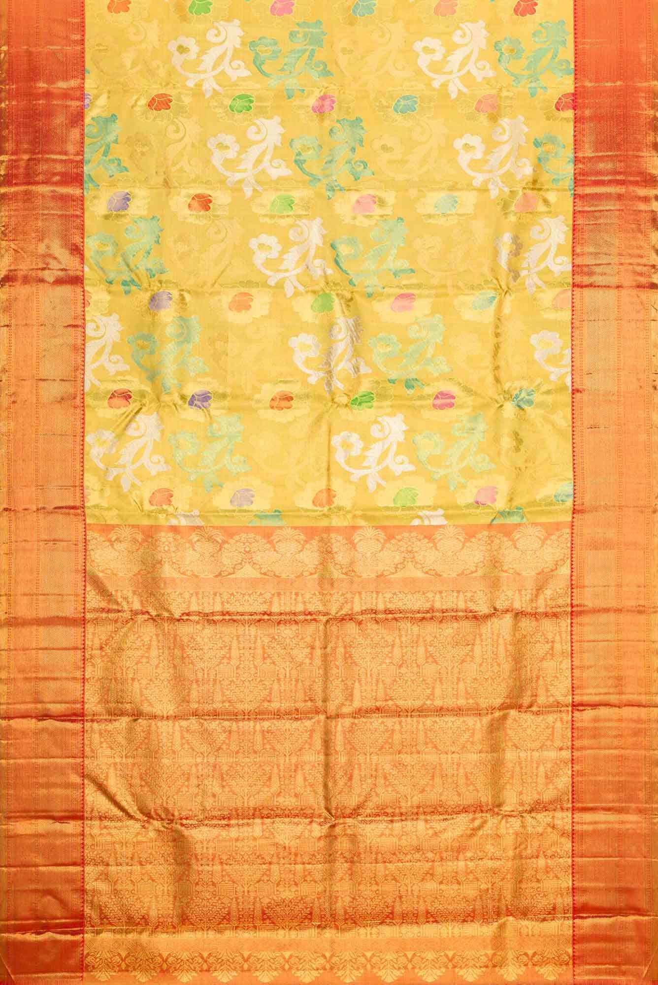 Pure Silk Pure Zari Yellow Dual Tone Kanjivaram Tissue Saree - Image 4