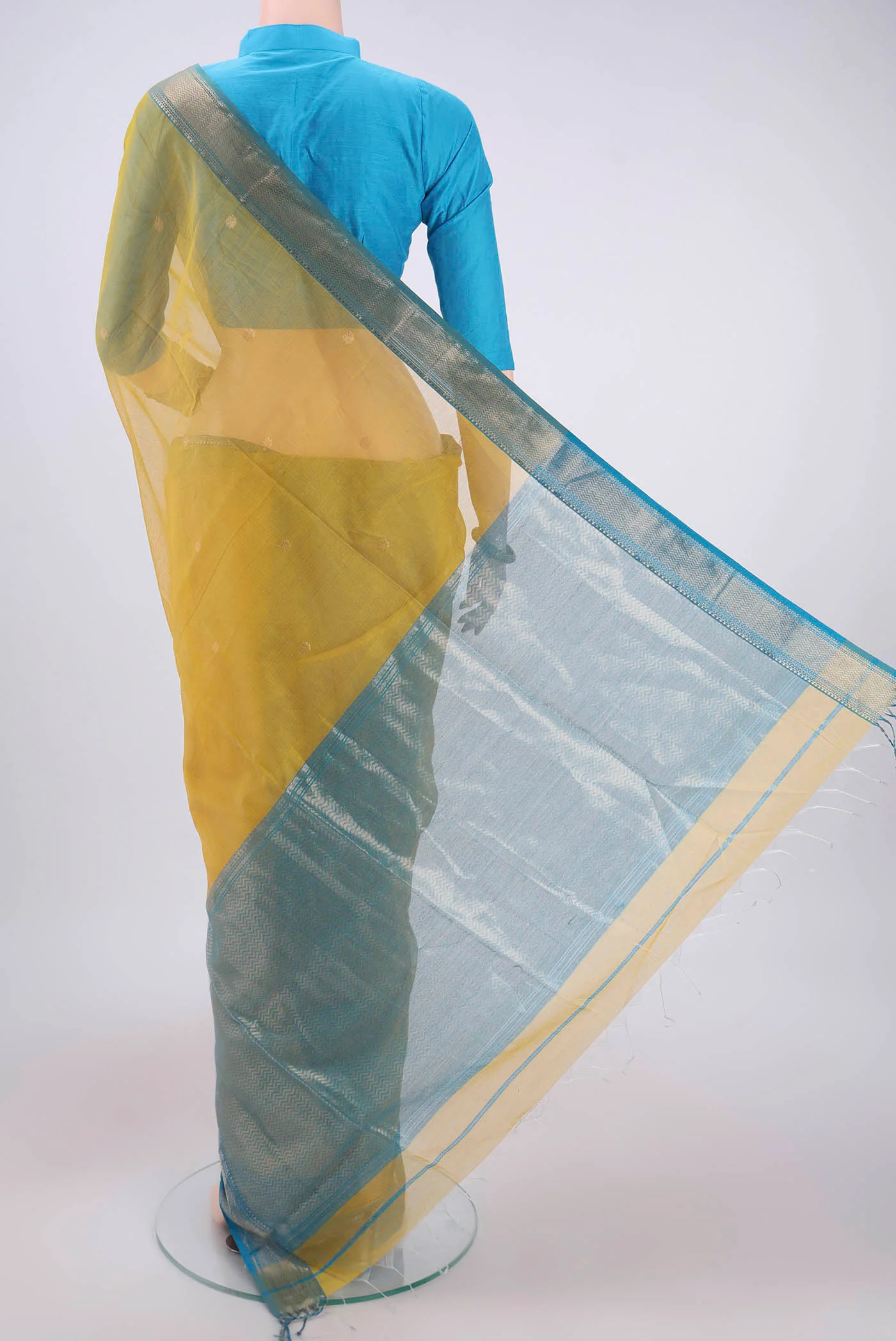 Yellow Maheshwari Silk Cotton Saree - Image 3