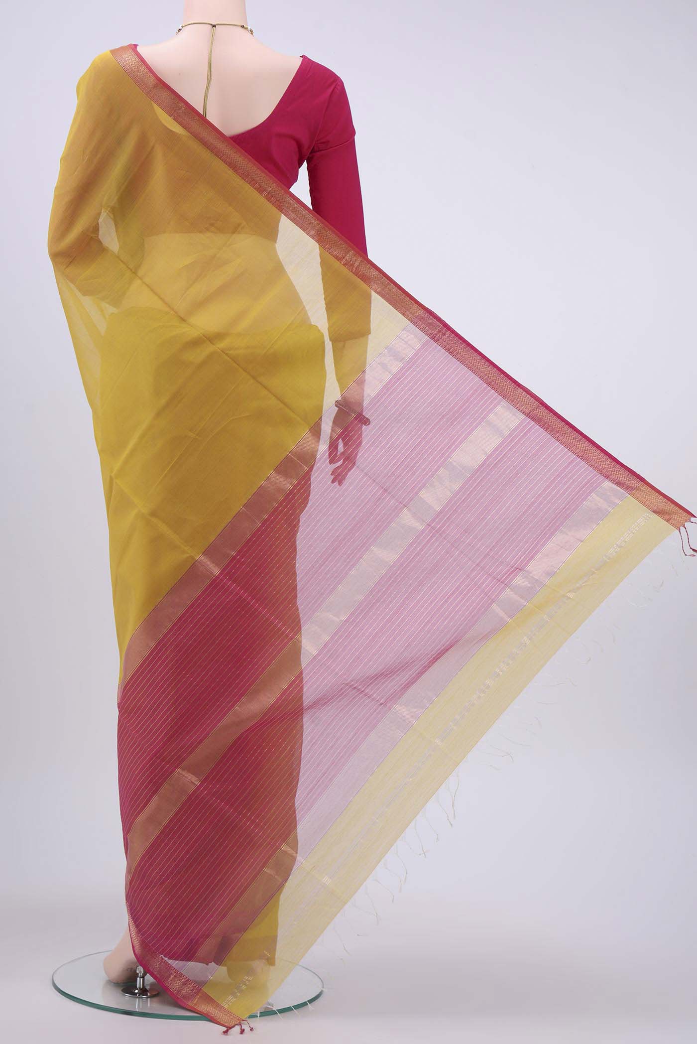 Yellow Maheshwari Silk Cotton Saree - Image 3