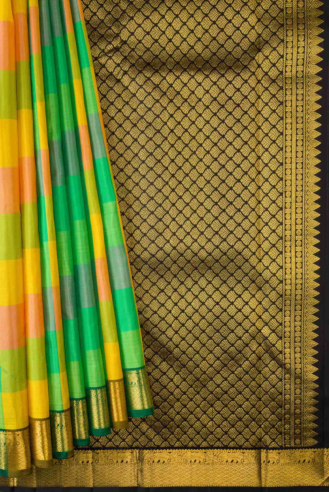 Pure Silk Pure Zari Yellow, Pink and Green Dual Tone Kanchipuram Saree - Image 2