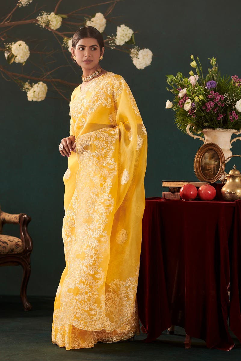 Garden of Eden Yellow floral design saree from Embroidered Romance Collection by Nalli - Image 8