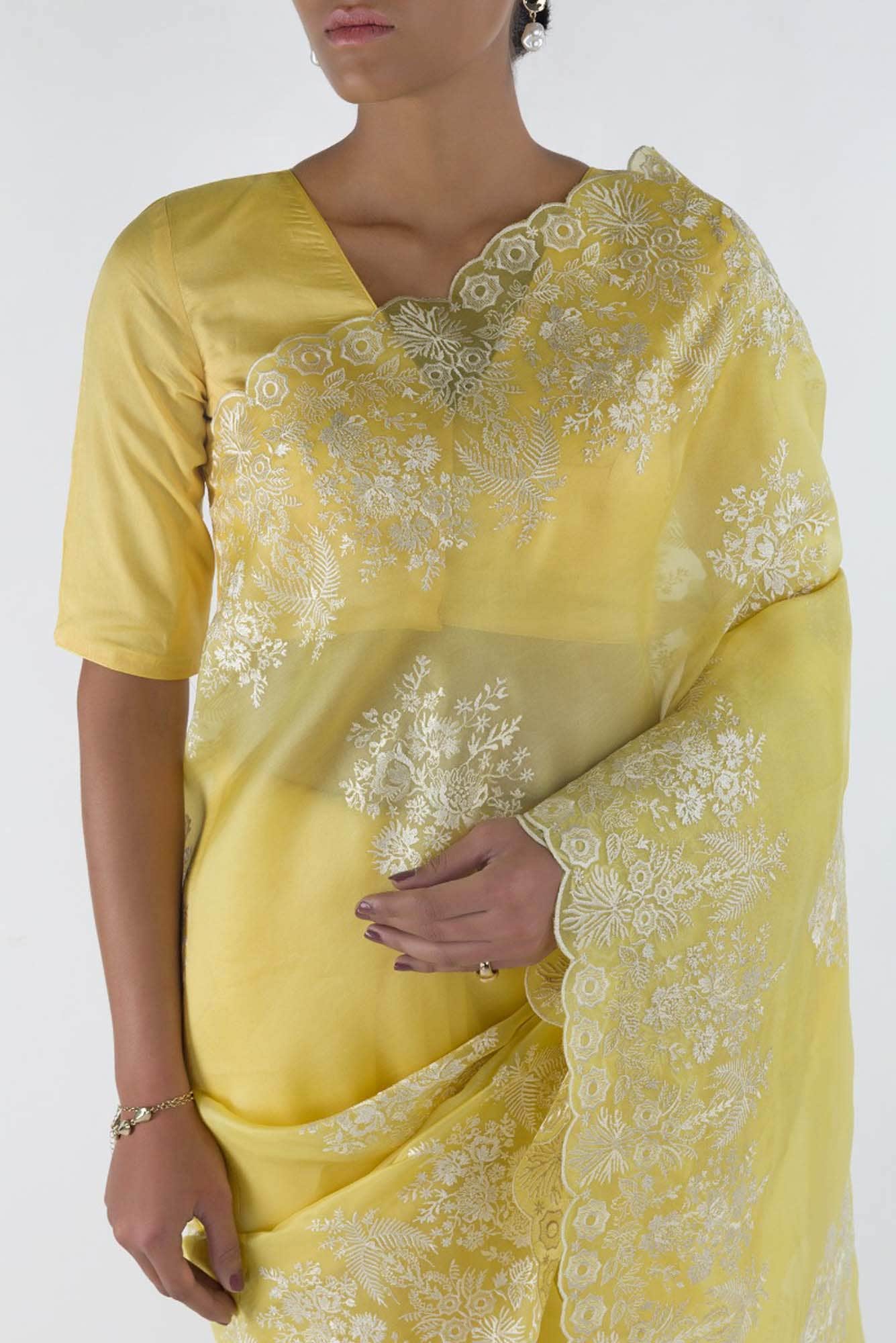 Minerva Yellow floral design saree from Embroidered Romance Collection by Nalli - Image 2