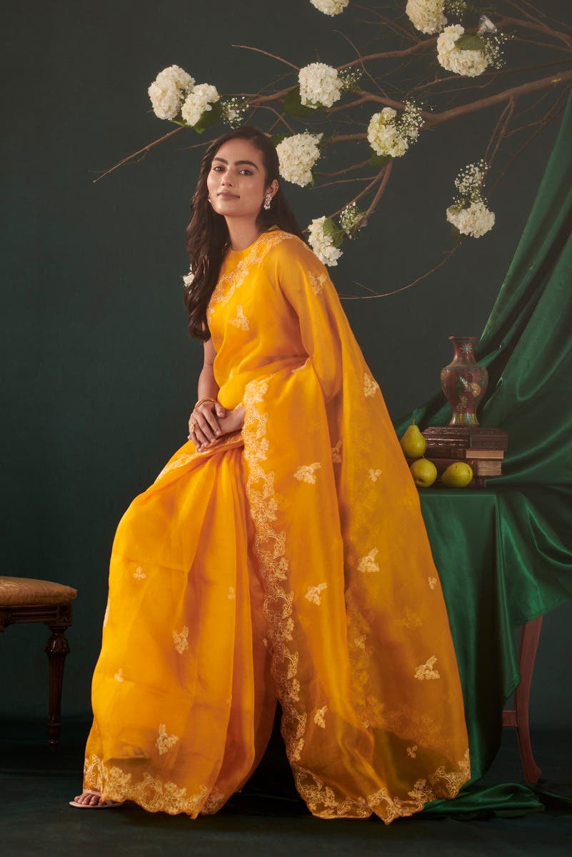Day dreams Yellow floral design saree from Embroidered Romance Collection by Nalli - Image 2